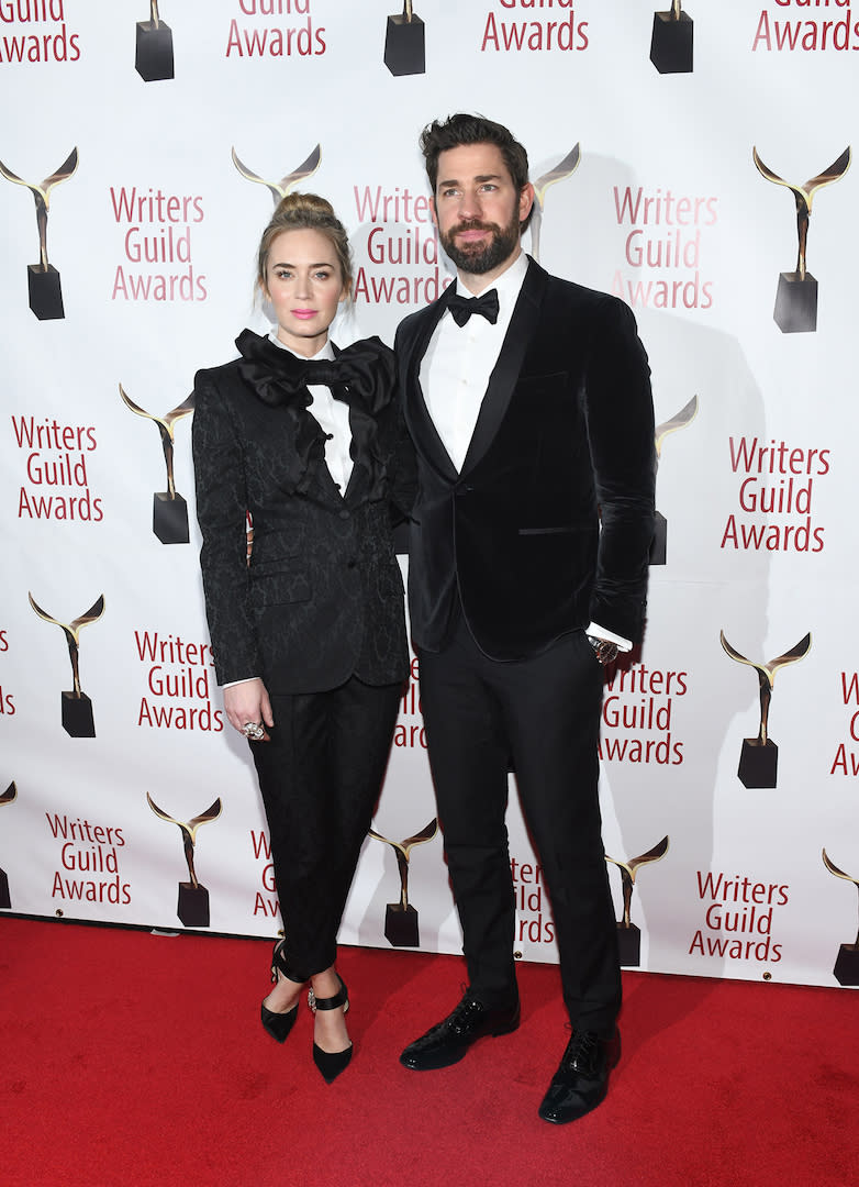 <p>On February 17, Emily Blunt and John Krasinski were the definition of couple goals in matching suits. Blunt’s is by D&G with Jimmy Choo heels to finish. <em>[Photo: Getty]</em> </p>