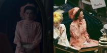 <p>From the peach color to the diamond brooch pinned to her draped neck dress, the wardrobe department nailed the replication of Princess Margaret's outfit at her nephew's royal wedding.</p>