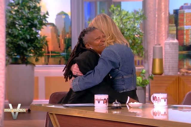 <p>ABC</p> Sara Haines hugs Whoopi Goldberg on 'The View'