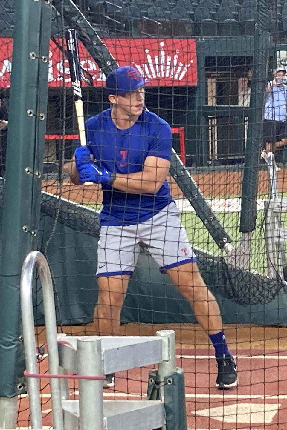 Texas Rangers first-round draft pick Wyatt Langford, waits on a pitch as he takes batting practice before a baseball game against the Tampa Bay Rays, Tuesday, July 18, 2023, in Arlington, Texas. (AP Photo/Stephen Hawkins)