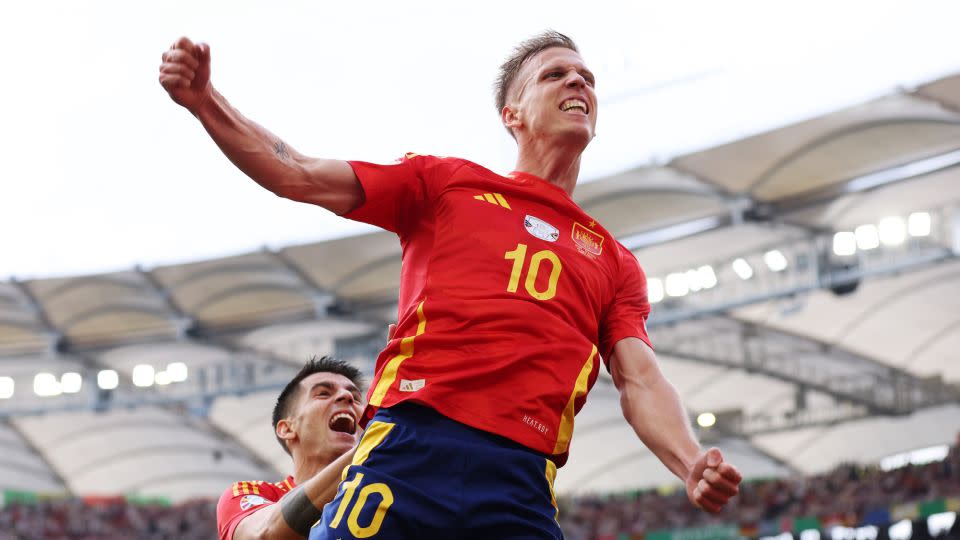 Olmo celebrates after scoring Spain's first goal against Germany. - Alex Livesey/Getty Images