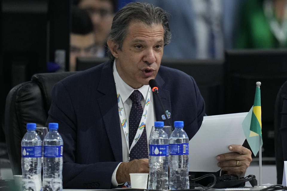 Brazil's Finance Minister Fernando Haddad speaks during the G20 Finance Ministers and Central Bank Governors meetings in Sao Paulo, Brazil, Thursday, Feb. 29, 2024. (AP Photo/Andre Penner)