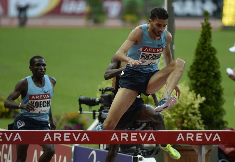 France's Mahiedine Mekhissi Benabbad competes during the men's 3000m steeplechase at the IAAF Diamond League athletics meeting in Saint-Denis, near Paris, on July 6, 2013