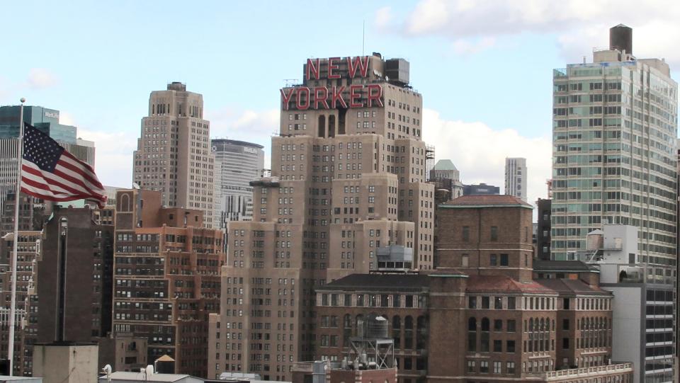 The New Yorker Hotel, center, is seen in New York.