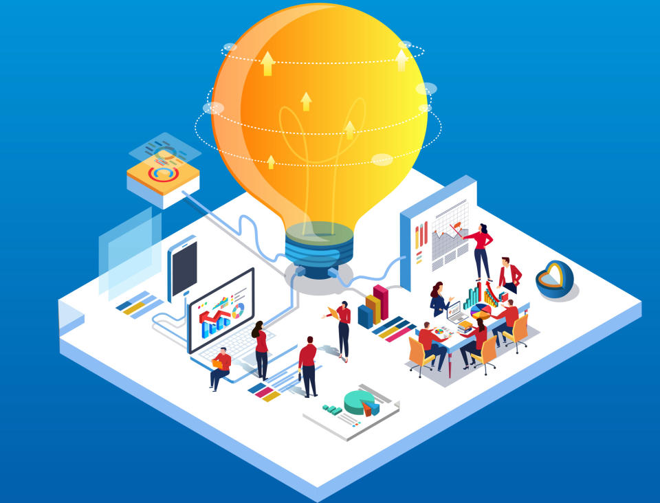 Illustration showing a team processing data to support a business idea.