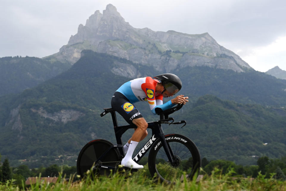 COMBLOUX FRANCE  JULY 18 Alex Kirsch of Luxembourg and Team LidlTrek sprints during the stage sixteen of the 110th Tour de France 2023 a 224km individual climbing time trial stage from Passy to Combloux 974m  UCIWT  on July 18 2023 in Combloux France Photo by Tim de WaeleGetty Images
