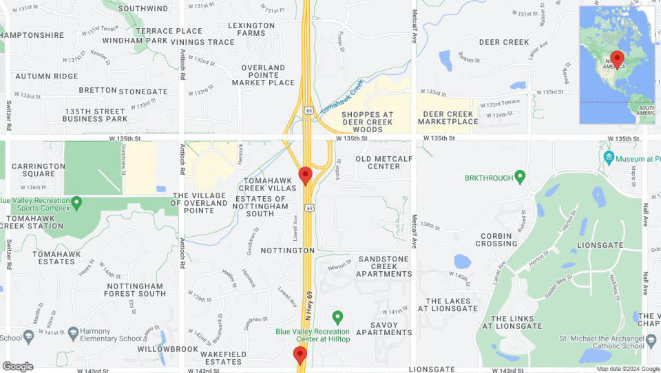A detailed map that shows the affected road due to 'Lane on US-69 closed in Overland Park' on May 29th at 2:06 p.m.