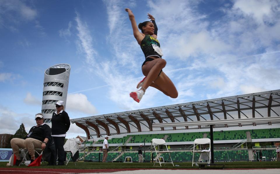 Oregon's Dominique Ruotolo competes in the women's long jump on her way to second place during day two of the Pac-12 Track & Field Championships at Hayward Field in Eugene, Oregon May 14, 2022.