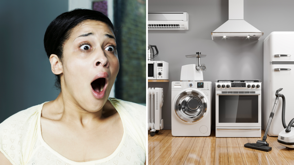 (Left) Shocked woman. (Right) White goods in a row, including washing machine, stove top and vacuum.