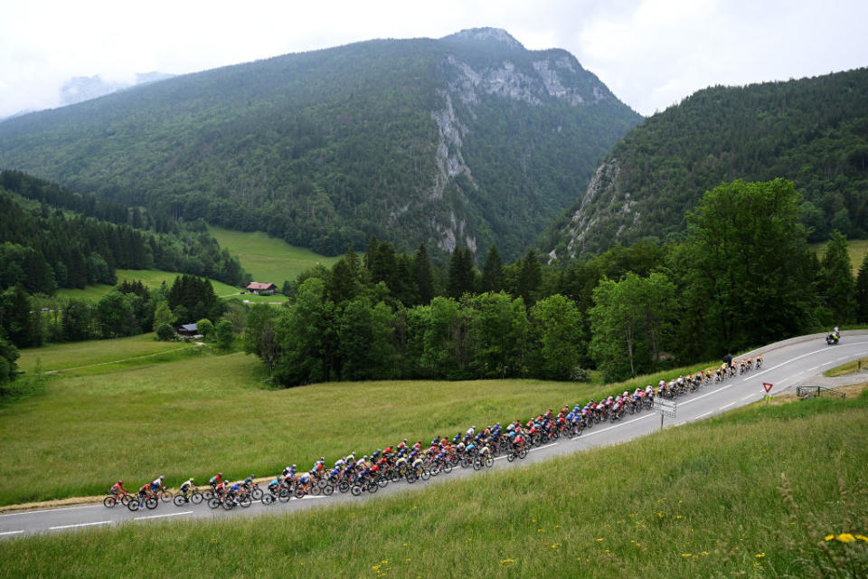 CRESTVOLAND FRANCE  JUNE 09 A general view of the peloton climbing to the Col des Aravis 1486 during the 75th Criterium du Dauphine 2023 Stage 6 a 1702km stage from Nantua to CrestVoland 1218m  UCIWT  on June 09 2023 in CrestVoland France Photo by Dario BelingheriGetty Images