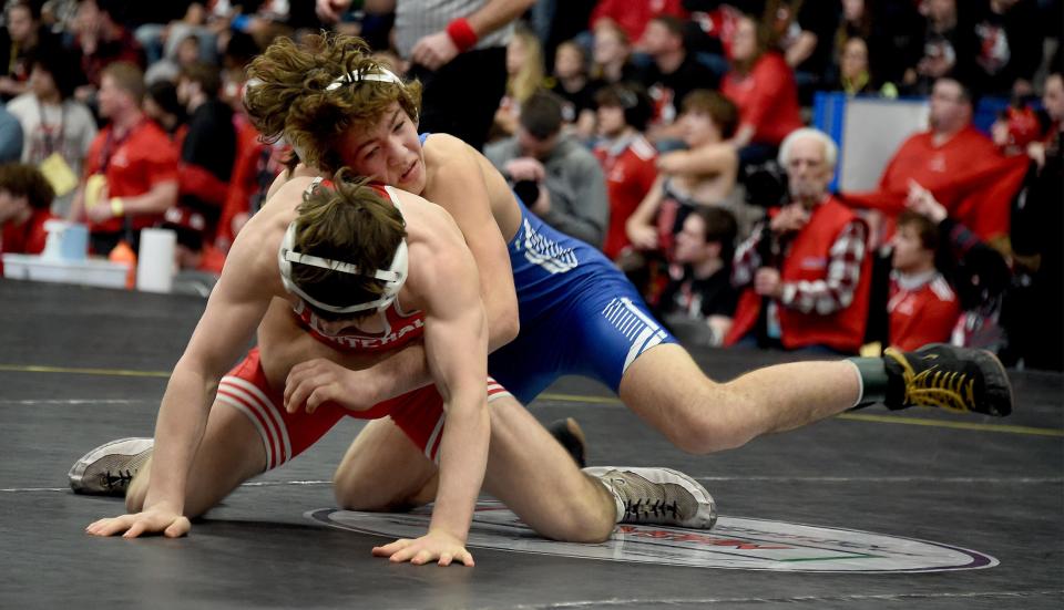 144 Blake Cosby (Dundee HS) over Liam Leeke (Whitehall HS) (Fall 1:39) in the Division 3 state team finals held at the Wings Event Center in Kalamazoo Saturday, Feb. 24, 2024