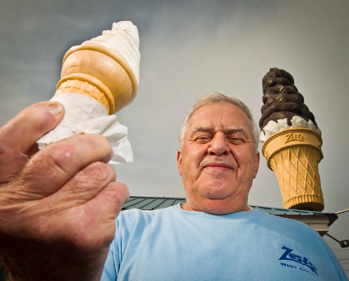 Zesto owner Gus Manos, 73, whose restaurant specializes in fried chicken and hamburgers and is known for a 15-foot, fiberglass ice cream cone on 12th Street in West Columbia provides an old-fashioned, feel-good advertisement for the Zesto drive-in.