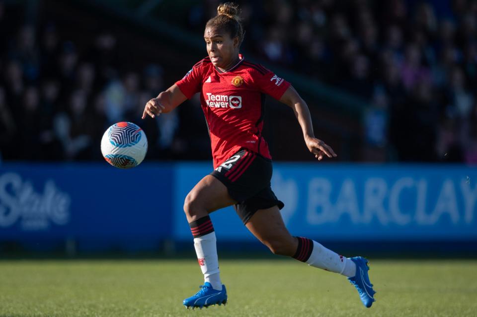 Manchester United's Nikita Parris practices during the Barclays Women's Super League match between Everton FC and Manchester United at Walton Hall Park on October 22, 2023 in Liverpool, United Kingdom.