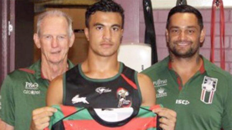 Joseph Suaalii with Wayne Bennett and John Sutton at South Sydney. 