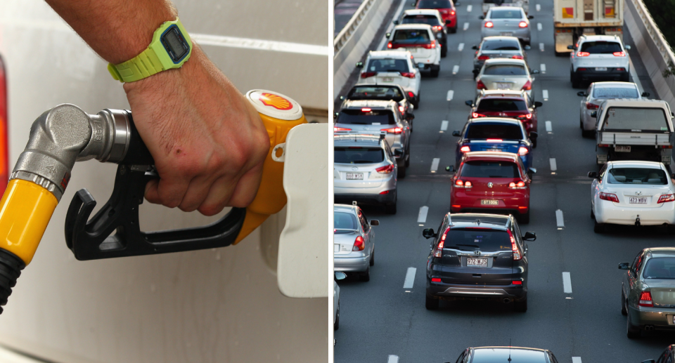 Person filling up car next to cars on a highway