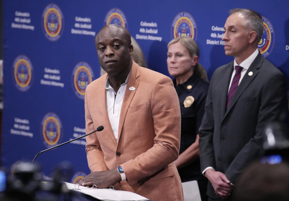 Colorado Springs, Colo., Mayor Yemi Mobolade considers a question during a news conference after a hearing for the suspect in a mass shooting at a gay nightclub Monday, June 26, 2023, in Colorado Springs, Colo. The suspect pleaded guilty in the attack that left five people dead and wounded multiple others just before Thanksgiving Day 2022 at the longtime sanctuary for the LGBTQ+ community in this mostly conservative city. (AP Photo/David Zalubowski)