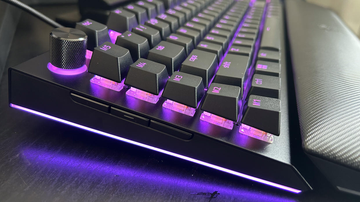  Razer BlackWidow V4 Pro side showing RGB lighting and macro buttons 