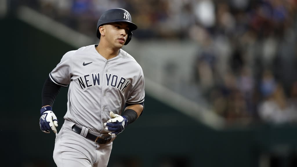 Oct 4, 2022; Arlington, Texas, USA; New York Yankees second baseman Oswald Peraza (91) rounds the bases after hitting a home run against the Texas Rangers in the second inning at Globe Life Field.