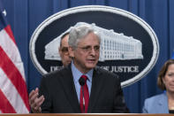 Attorney General Merrick Garland speaks during a news conference at the Department of Justice headquarters in Washington, Thursday, May 23, 2024. The Justice Department has filed a sweeping antitrust lawsuit against Ticketmaster and parent company Live Nation Entertainment, accusing them of running an illegal monopoly over live events in America and driving up prices for fans. The lawsuit was filed Thursday in New York and was brought with 30 state and district attorneys general. (AP Photo/Jose Luis Magana)