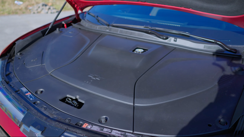 A look under the hood of the Blazer EV reveals almost nothing except for black plastic.