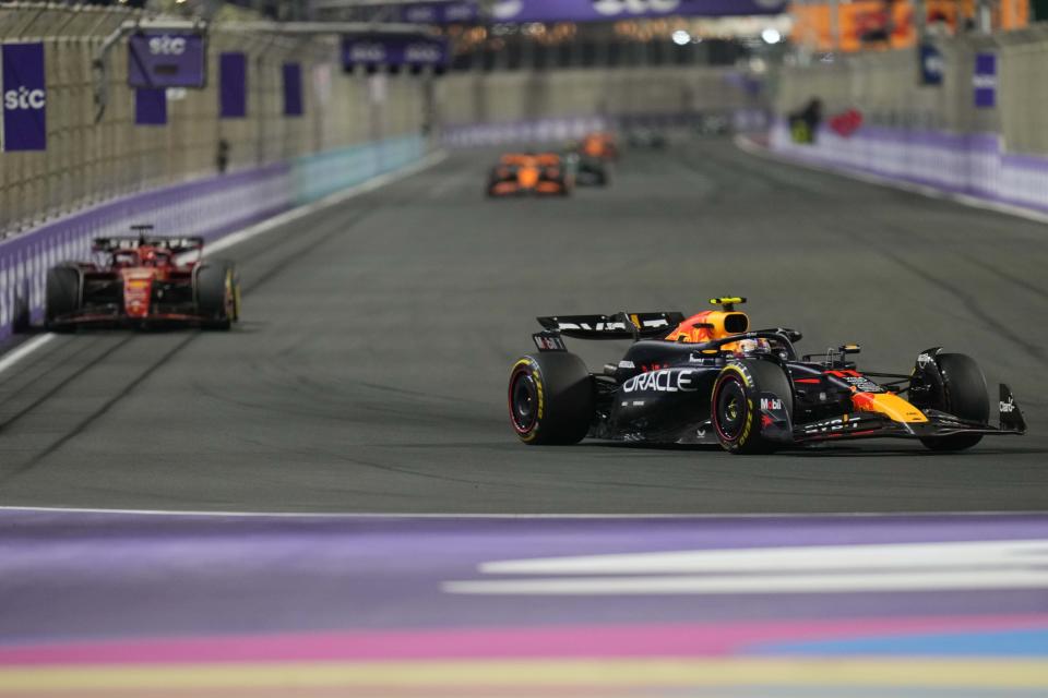 Red Bull driver Sergio Perez of Mexico steers his car during the Formula One Saudi Arabian Grand Prix at the Jeddah Corniche Circuit, in Jedda, Saudi Arabia, Saturday, March 9, 2024. (AP Photo/Darko Bandic)