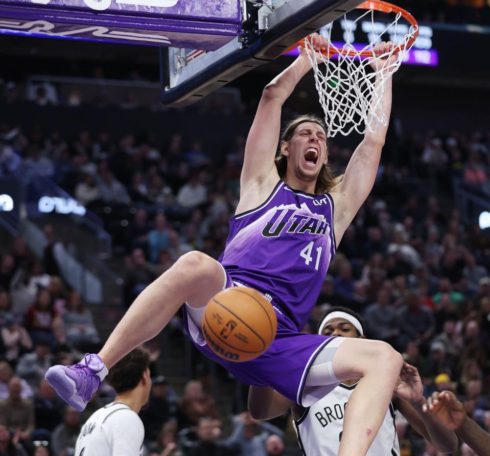 Utah Jazz forward Kelly Olynyk (41) dunks on the Nets in Salt Lake City on Monday, Dec. 18, 2023. The Jazz won 125-108. | Jeffrey D. Allred, Deseret News