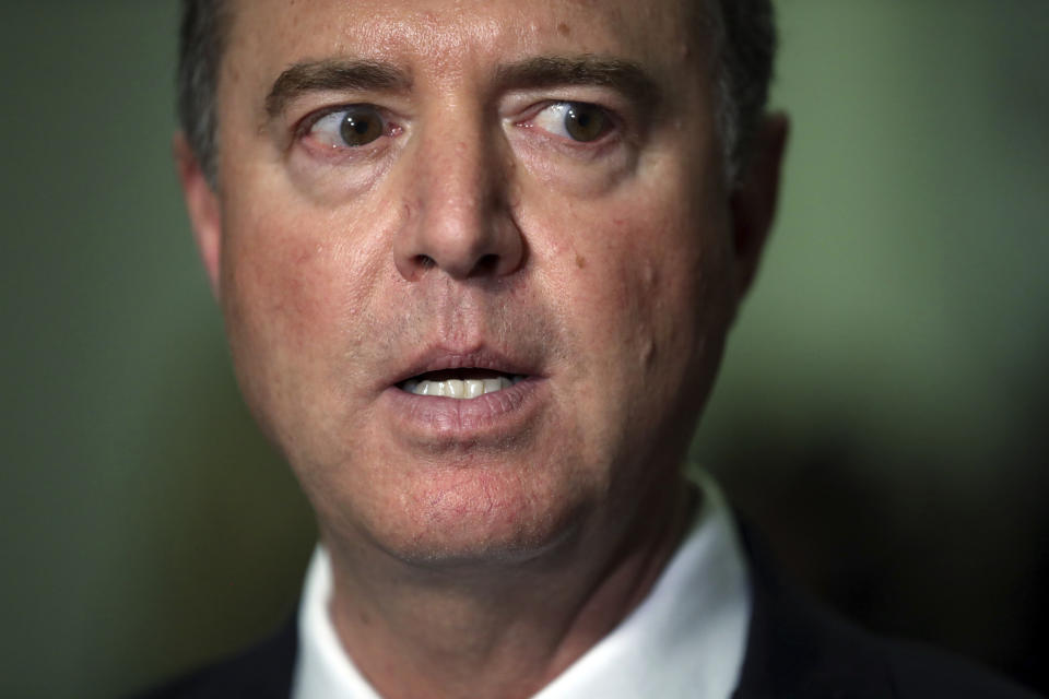 Chairman Rep. Adam Schiff, D-Calif., talks to the media after Acting Director of National Intelligence Joseph Maguire testified before the House Intelligence Committee on Capitol Hill in Washington, Thursday, Sept. 26, 2019. (AP Photo/Andrew Harnik)