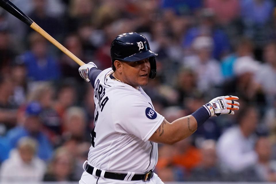 Detroit Tigers designated hitter Miguel Cabrera connects for a single during the fourth inning against the Toronto Blue Jays on Friday, June 10, 2022, at Comerica Park in Detroit.