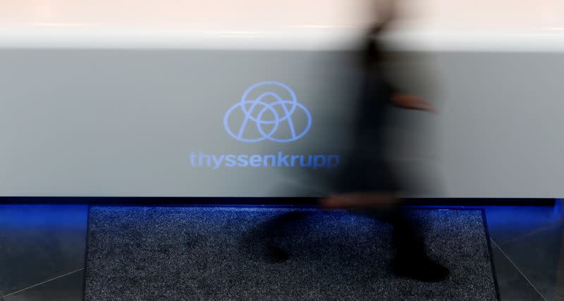 FILE PHOTO: Thyssenkrupp's logo is seen in the elevator test tower in Rottweil