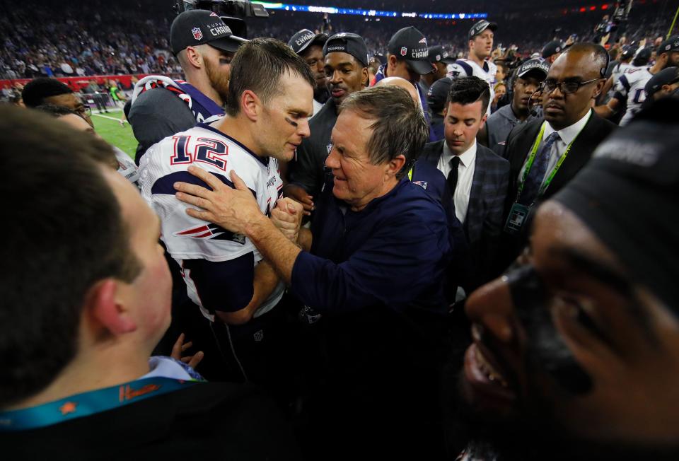 HOUSTON, TX - FEBRUARY 05: Tom Brady #12 of the New England Patriots celebrates with head coach Bill Belichick after the Patriots defeat the Atlanta Falcons 34-28 in overtime of Super Bowl 51 at NRG Stadium on February 5, 2017 in Houston, Texas.  (Photo by Kevin C. Cox/Getty Images)