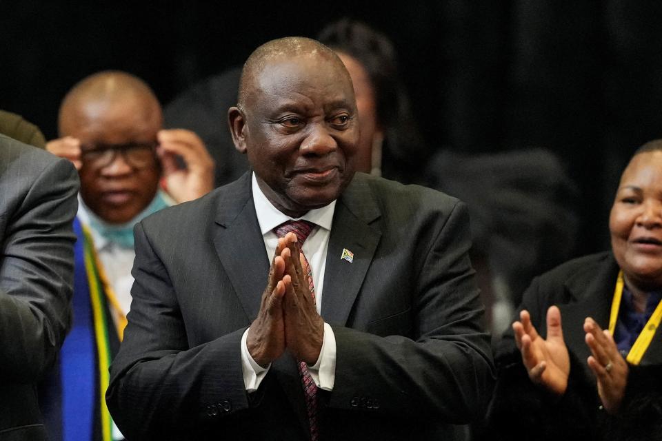 South African president Cyril Ramaphosa reacts after being re-elected as president of South Africa during the first sitting of the National Assembly following elections at the Cape Town International Convention Center (CTICC) in Cape Town, South Africa on 14 June 2024 (Reuters)