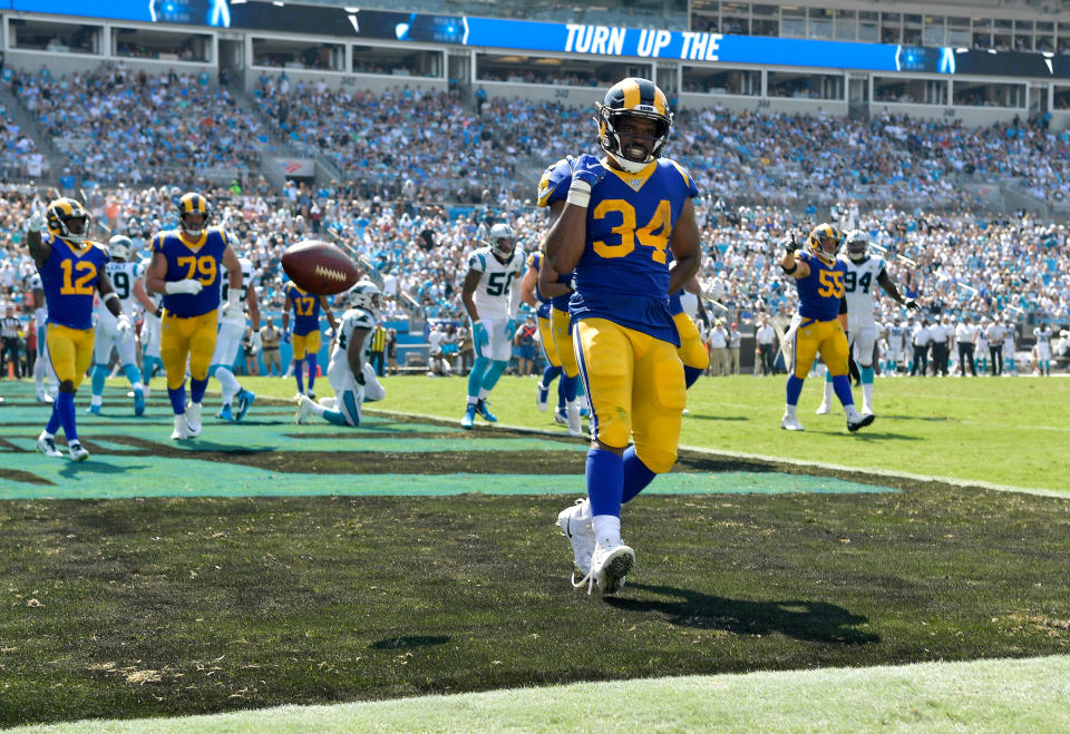 CHARLOTTE, NORTH CAROLINA - SEPTEMBER 08: Malcolm Brown #34 of the Los Angeles Rams scores a touchdown against the Carolina Panthers during the third quarter of their game at Bank of America Stadium on September 08, 2019 in Charlotte, North Carolina. (Photo by Grant Halverson/Getty Images)