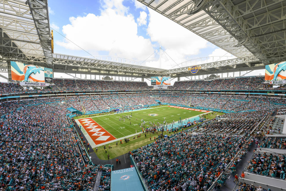 FILE - A general overall interior view of the Hard Rock Stadium as the New England Patriots take on the Miami Dolphins during an NFL football game, Sunday, Oct. 29, 2023, in Miami Gardens, Fla. Mercedes-Benz Stadium in Atlanta was awarded the opening game and South Florida's Hard Rock Stadium will host the final of Copa América, the storied South American championship that will be held outside of its home continent for only the second time next summer. A joint announcement was made Monday, Nov. 20, 2023, by CONMEBOL and CONCACAF, the governing bodies of South American and North American soccer, respectively. Other sites and scheduling for the 16-team tournament will be revealed later.(AP Photo/Doug Murray, File)