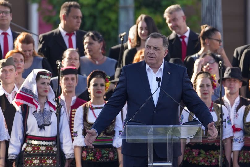 Bosnian Serb political leader Milorad Dodik speaks during the gathering the "All-Serb Assembly" in Belgrade, 8 June 2024