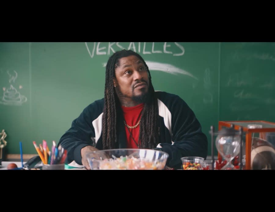 Marshawn Lynch stars as Mr. G in “Bottoms,” in theaters now. (Screenshot: Youtube – MGM)