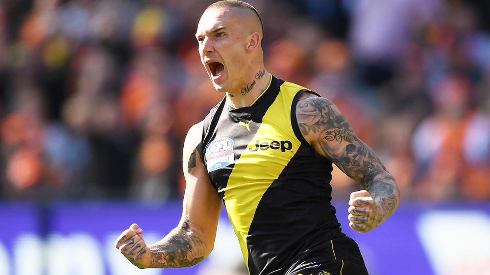 Dustin Martin, pictured here celebrating a goal in the 2019 AFL Grand Final.