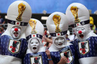 <p>Japan fans show their support prior to the 2018 FIFA World Cup Russia group H match between Colombia and Japan at Mordovia Arena on June 19, 2018 in Saransk, Russia. (Photo by Matthew Ashton – AMA/Getty Images) </p>