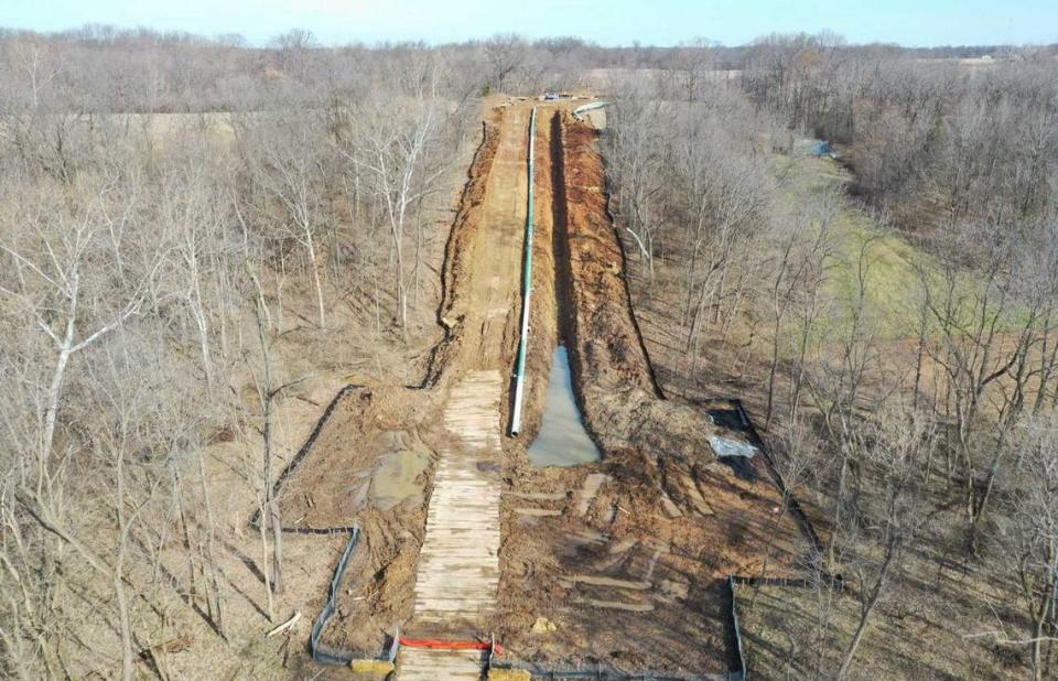 Construction of the Spire STL natural gas pipeline through Kenny Davis’ property in April 2019, the image a part of an August 2023 filing to the Federal Energy Regulatory Commission. Years after it was completed, Davis says debris from the pipeline is still left behind underground.