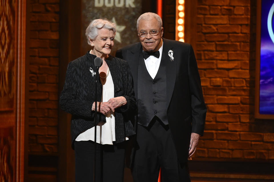 NEW YORK, NY - JUNE 12:  Presenters Angela Lansbury and James Earl Jones speak onstage during the 70th Annual Tony Awards at The Beacon Theatre on June 12, 2016 in New York City.  (Photo by Theo Wargo/Getty Images for Tony Awards Productions)