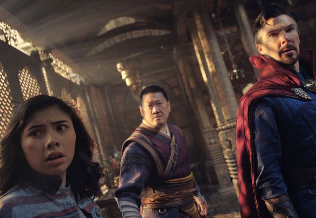 Xochitl Gomez as America Chavez, Benedict Wong as Wong, and Benedict Cumberbatch as Dr. Stephen Strange in a scene from 