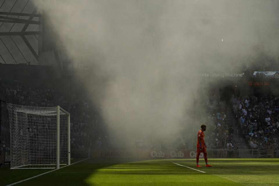 Minnesota United goalkeeper Dayne St. Clair follows play against the Portland Timbers during the first half of an MLS soccer match at Allianz Field in Saint Paul, Minn., Saturday, July 30, 2022. (AP Photo/Abbie Parr)