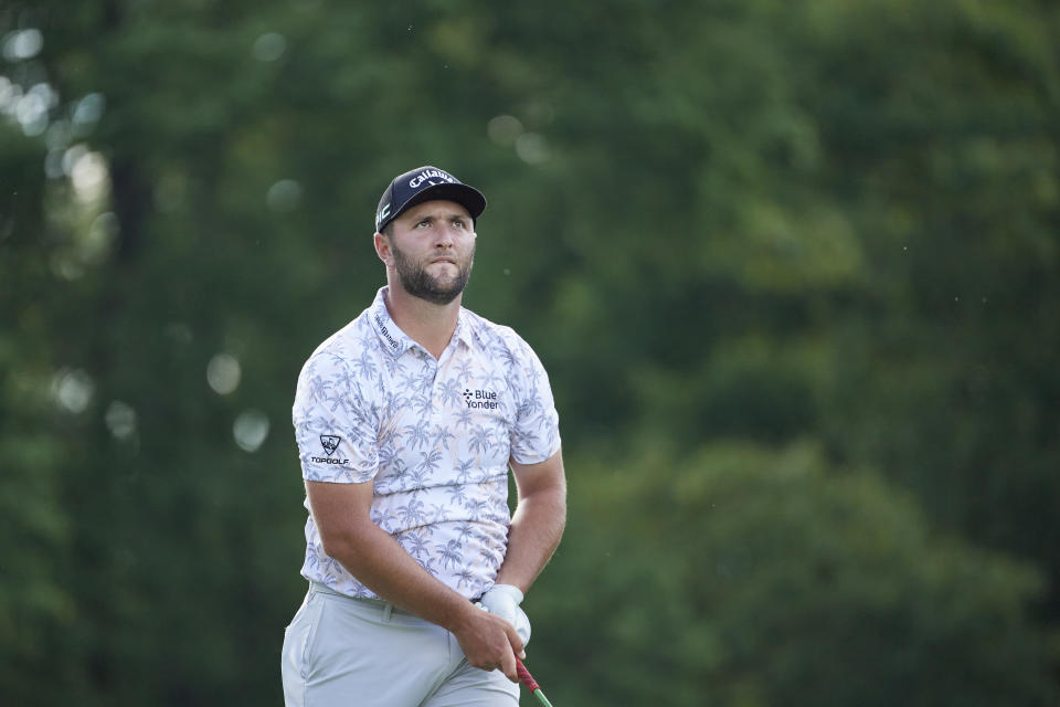 DUBLIN, OH - JUNE 05:  Jon Rahm (ESP) watches his tee shot on 18 during the third round of the Memorial Tournament at Muirfield Village Golf Club in Dublin, Ohio on June 05, 2021. (Photo by Shelley Lipton/Icon Sportswire via Getty Images)