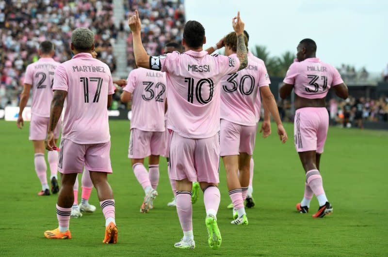 Inter Miami striker Lionel Messi (10) scored twice in a 3-1 win over Orlando City in the Leagues Cup Round of 32 on Wednesday in Fort Lauderdale, Fla. File Photo by Larry Marano/UPI