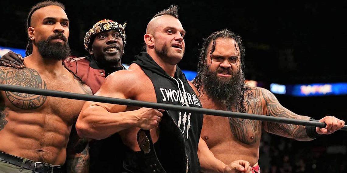 Kaun (left) is 1/3 of the Ring of Honor six-man tag team champions along with Brian Cage (third from left) and Toa Liona (right). Collectively they are The Embassy, led by Prince Nana.