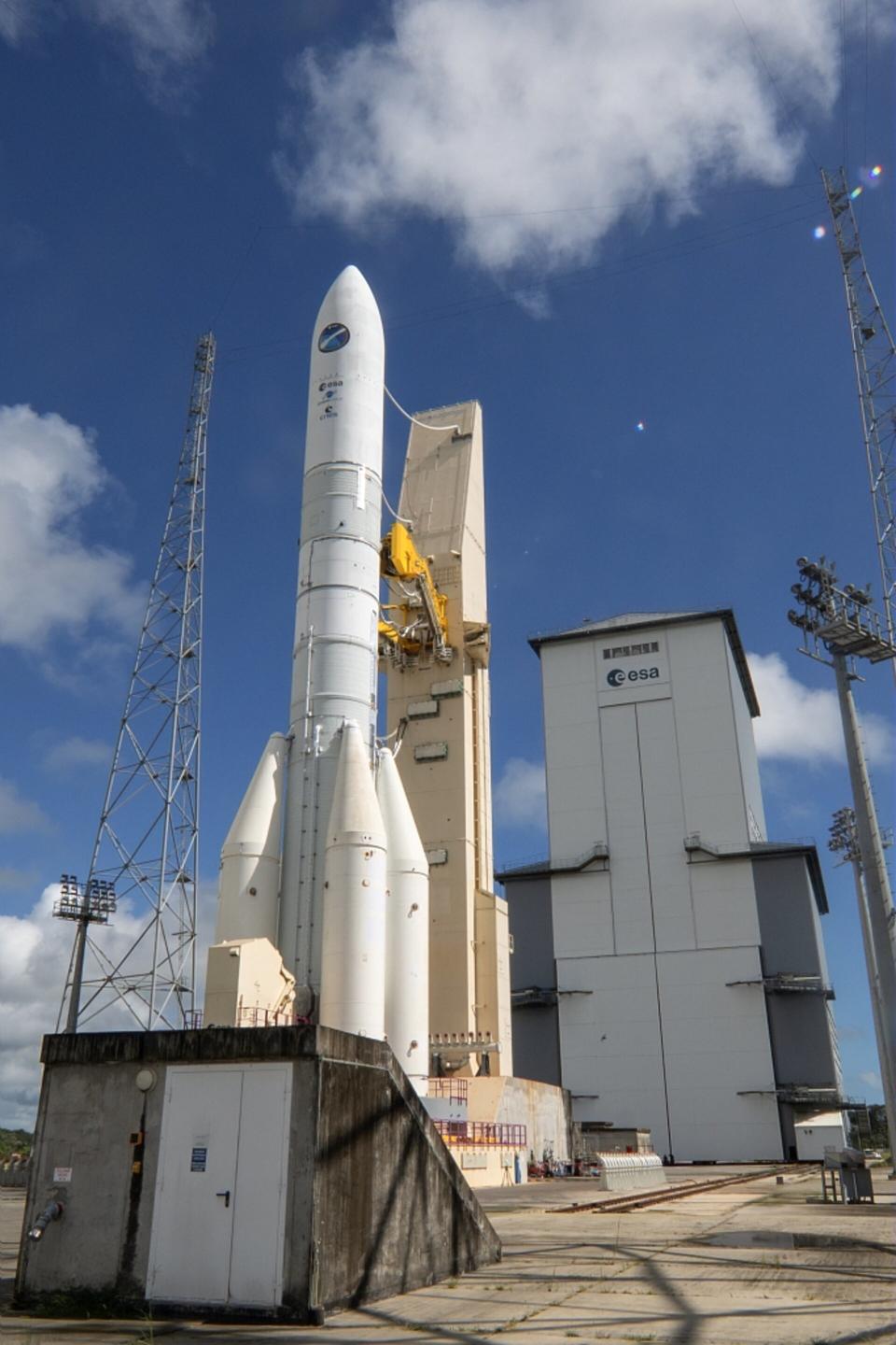 ESA's Ariane 6 rocket stands at the launchpad.