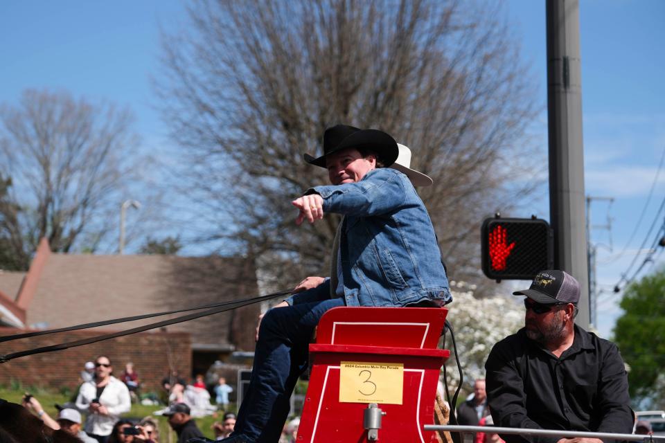 A big crowd, including Grand Marshal Clay Walker, gathers at the Mule Day Parade in Columbia, Tenn. on April 6, 2024.