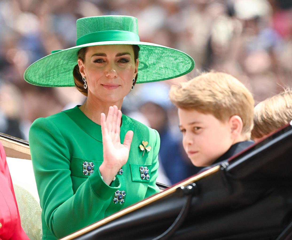 London, UK. June 17th, 2023. The Princess of Wales and Prince George travel along The Mall in a carriage at Trooping The Colour. Credit: Doug Peters/E