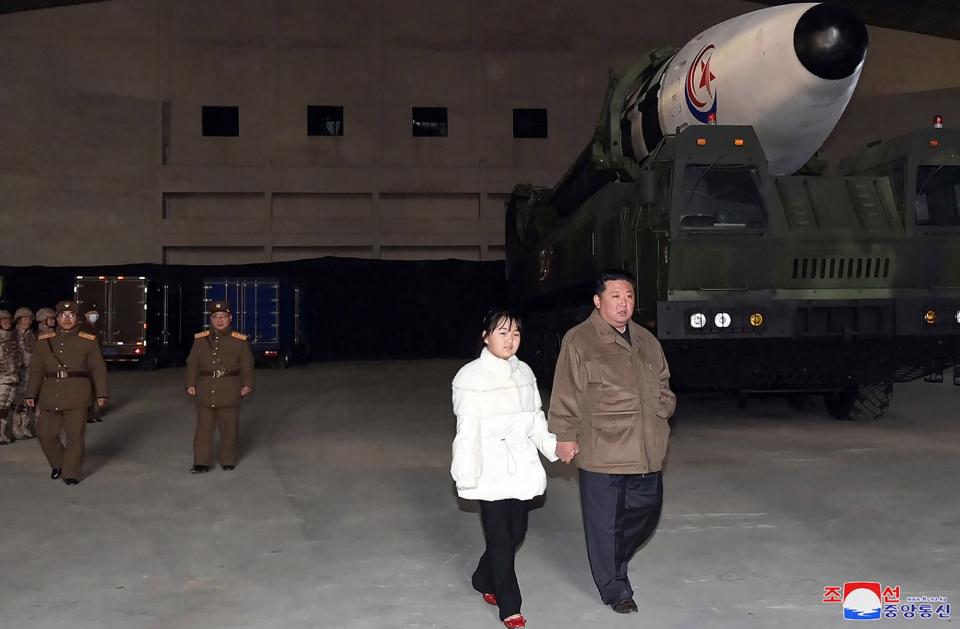 Mandatory Credit: Photo by Office of the North Korean government press service/UPI/Shutterstock (13630538f) This photo released on Nov. 19, 2022, by the North Korean government shows North Korean leader Kim Jong Un, (R) inspects what it says a Hwasong-17 intercontinental ballistic missile at Pyongyang International Airport in Pyongyang, North Korea, Friday, November. 18, 2022. North Korean Leader Kim Jong Inspects Intercontinental Ballistic Missile, Pyongyang, North Korea - 18 Nov 2022