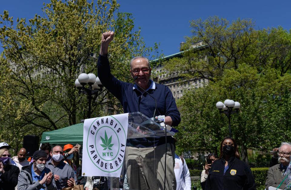 Senate Majority Leader Chuck Schumer pumps his fist in the air at a podium in Central Park with a banner saying Cannabis Parade & Rally NYC.