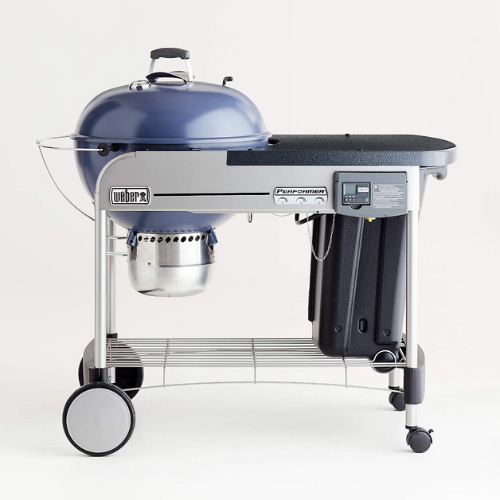 Weber Performer Deluxe Slate Blue Outdoor Charcoal Grill against white background